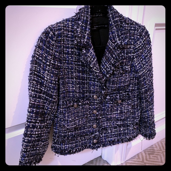 Zara Jackets & Coats Zara Blue Metallic Tweed Jacket Poshmark